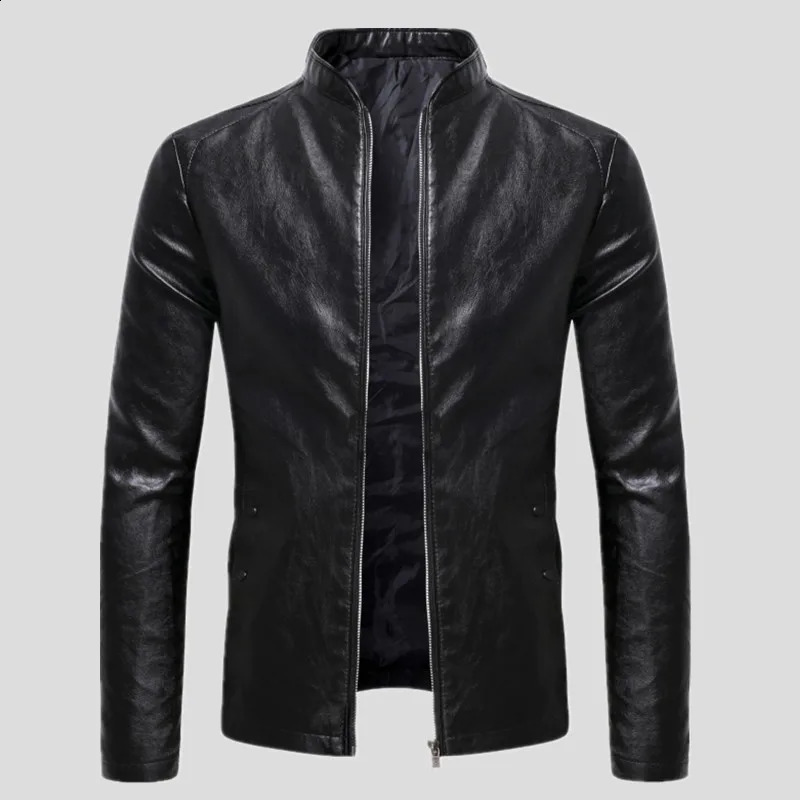 2024 Spring Men's Business Casual Slim Longsleeved Pu Leather Jacket Side Seam Pocket Zipper Solid Color 260917