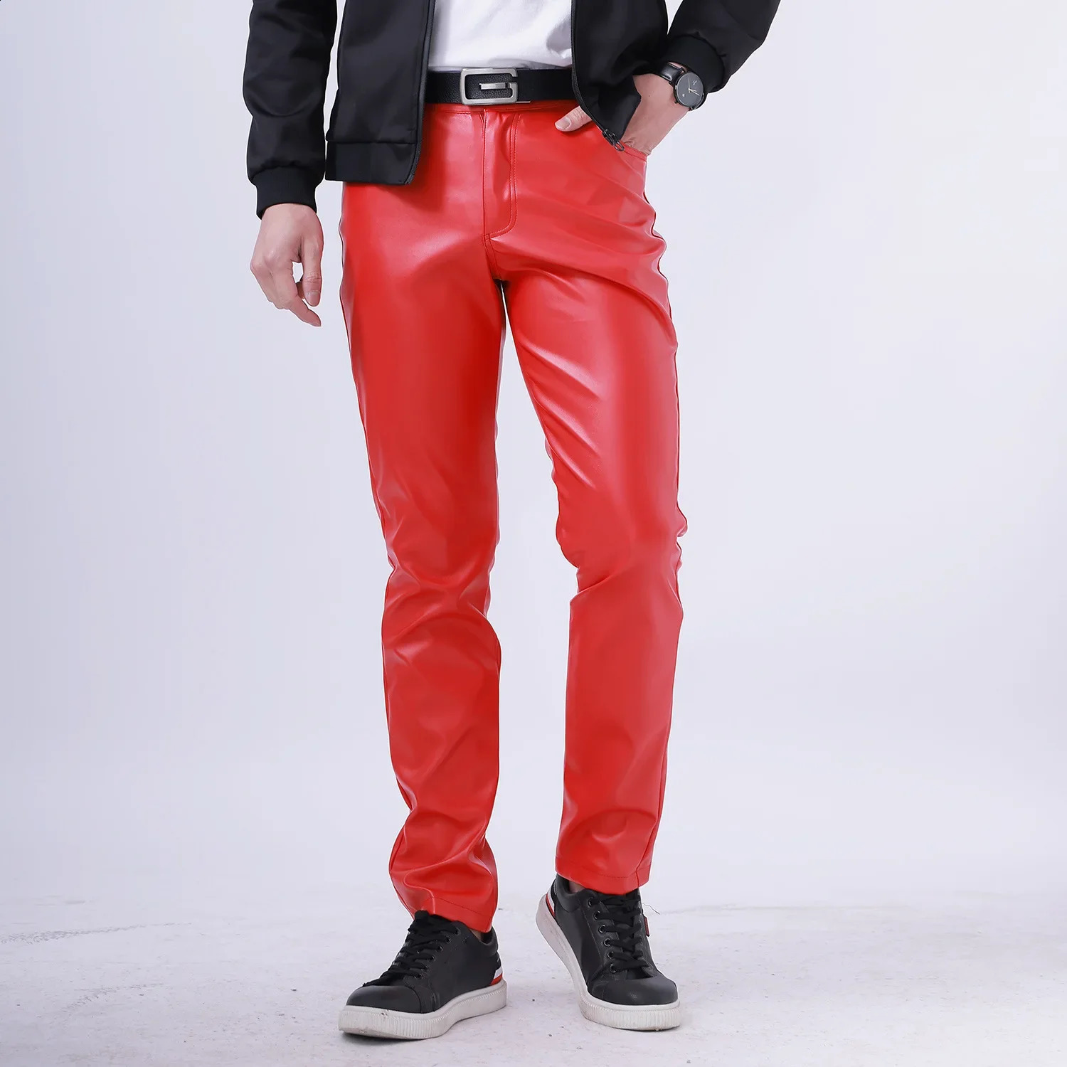 Thin youth red leather pants men's elastic slim fashion bar leather pants white blue black and other optional 260916