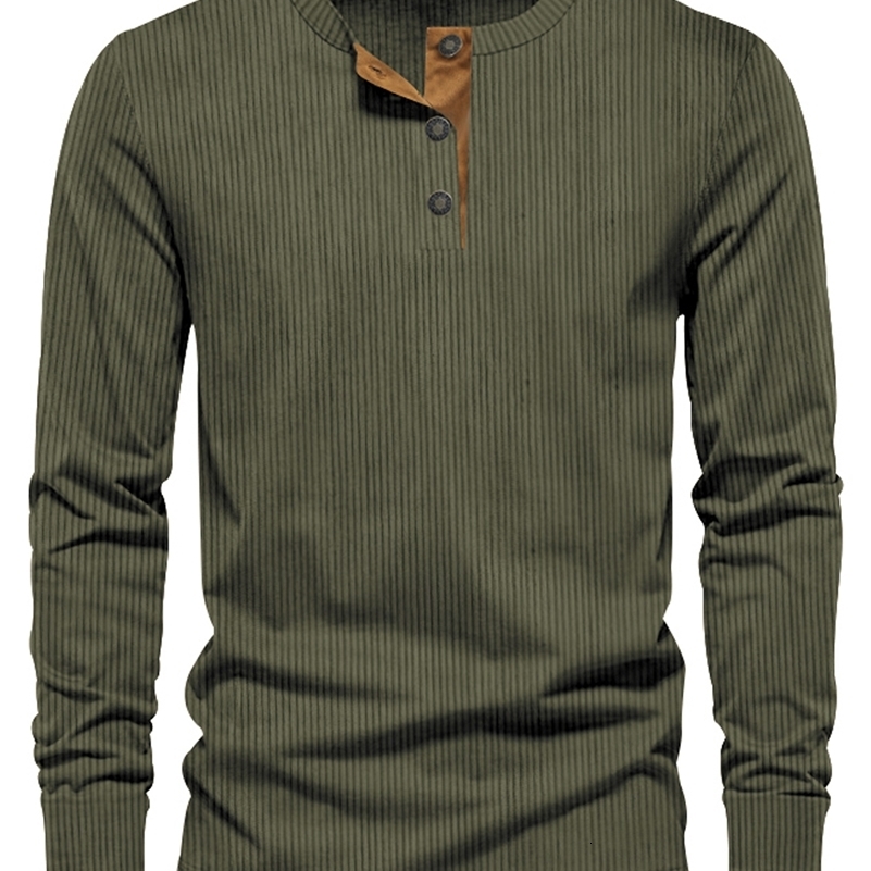Spring and Autumn Cross-border Men's Independent Station Corduroy Casual Henry Slim Solid Color Long Sleeve T-Shirt 260916ww