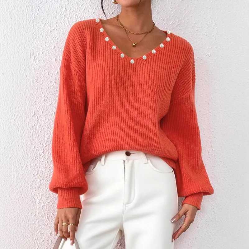 Women's New Women's Loose Sweater Nailed Pearls V-neck Casual Versatile Pullover Hair S260917IDDH