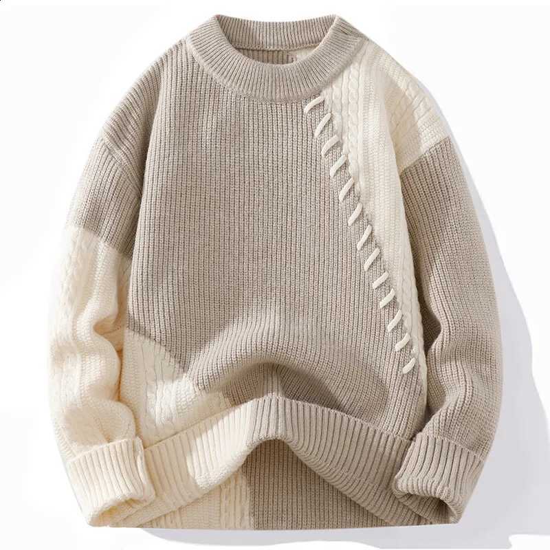 Neck Men's Round Knitted Sweater Color Matching Thick Casual Sweater Autumn Winter Warm Bottoming PulloverW260915