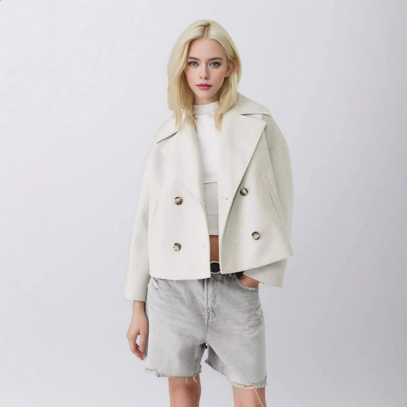 Women Wool Coats Elegant Short Coat Double Breasted Long Sleeve Jackets Blends Solid Casual Pockets Jacket Office Lady Autumn 260917