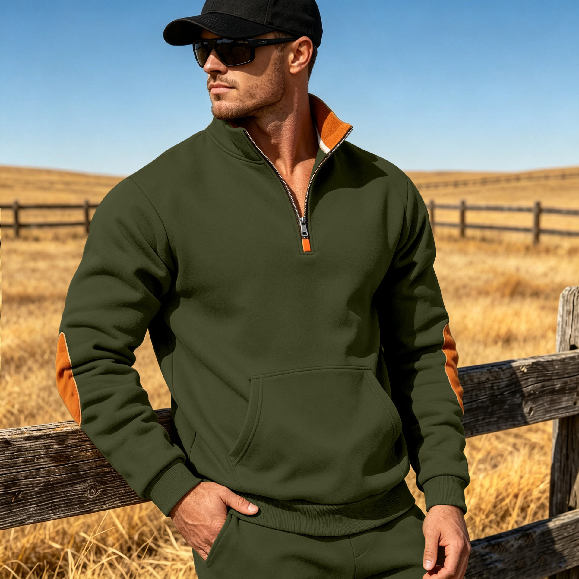 Men's Spring Autumn Half Zip SweatshirtStand Collar Color Block Patch Long Sleeve Loose Fit Casua