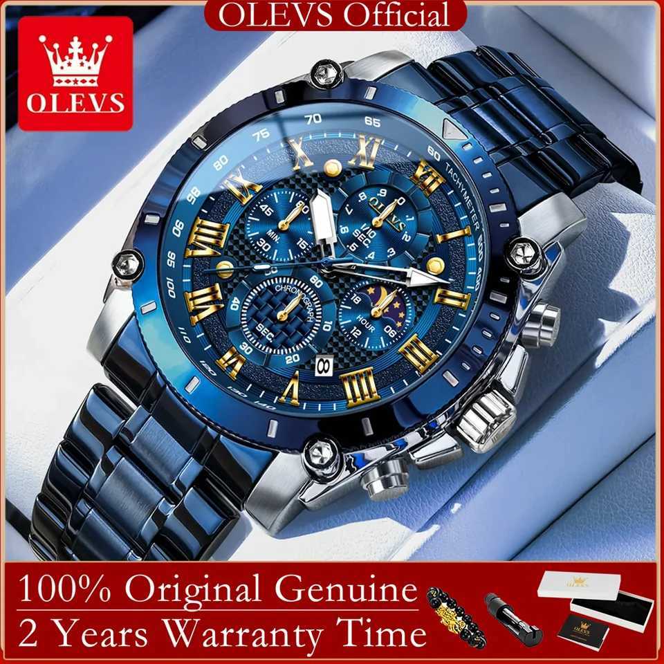 OLEVS New Quartz Watches for Man 47 mm Big Dial Waterproof Man Watch Moon Phase Chronograph Luxury Brand Original Men's WatchesT260916