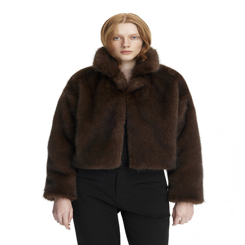 2026 Autumn Winter Women Faux Mink Fur Jacket Shawl Collar Open Front Cropped Fluffy Coat Brown 260916