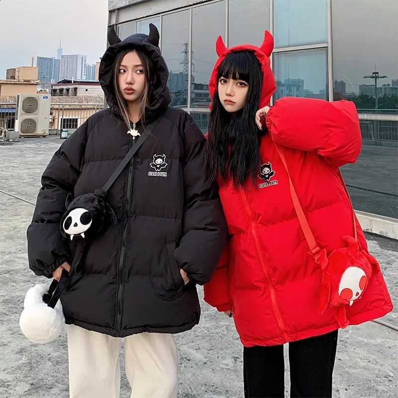 Women's Parkas Black Devil Horns Wing Couple Hooded Jacket Streetwear Zipper Spliced Pockets Thickening Warm Coat Women Clothing H260917