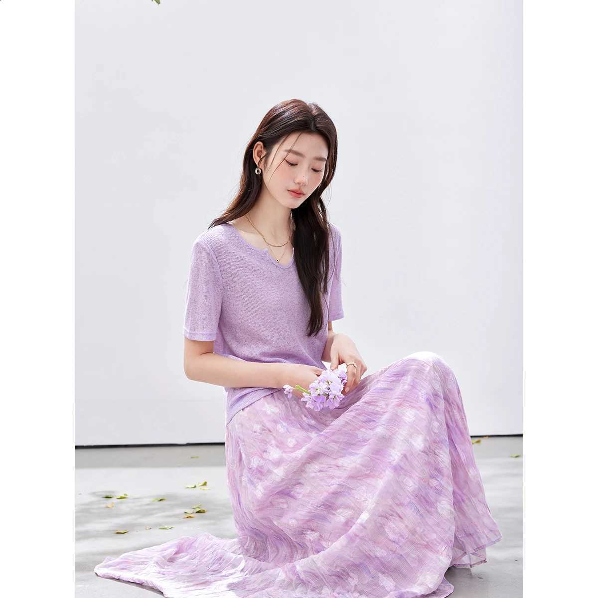 Skirt VIMLY Women's Floral Print Set Round Neck Knit Short SLeeve T-shirt Pleated Midi Skirt Summer Casual Outfit A6057W260915