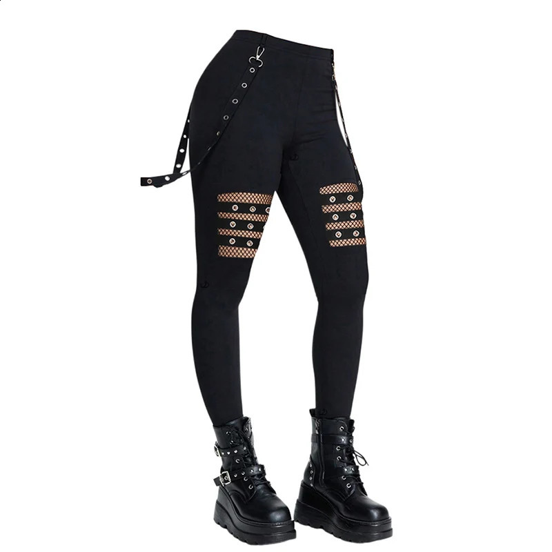 Dressfo Womens Pants Hollow Out Solid Color Gothic Grommet Chain Embellishment High Waisted Long Skinny 260917