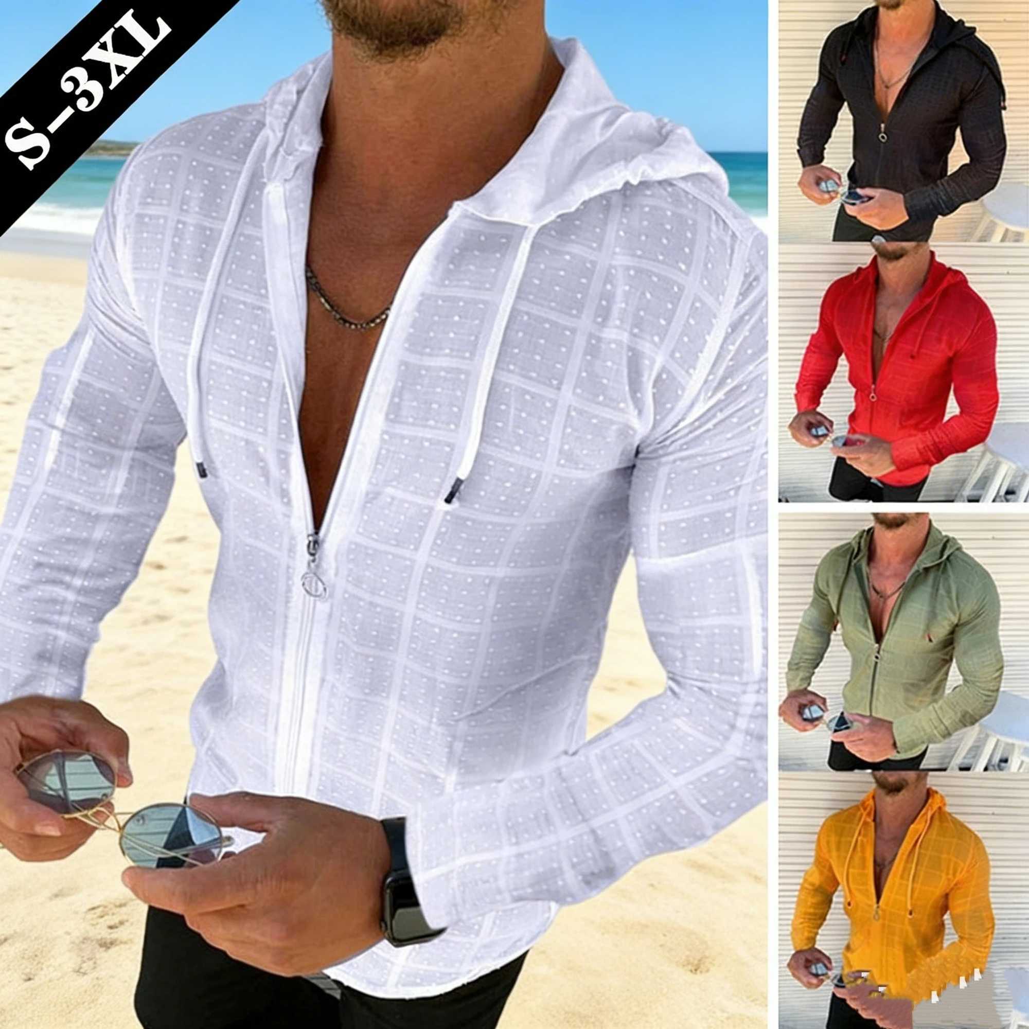 2026 Summer New Men's Cotton Linen Hooded Shirt Lightweight Casual Zipper Slim Fit Vacation Tops Sun Protection Clothing Q260917