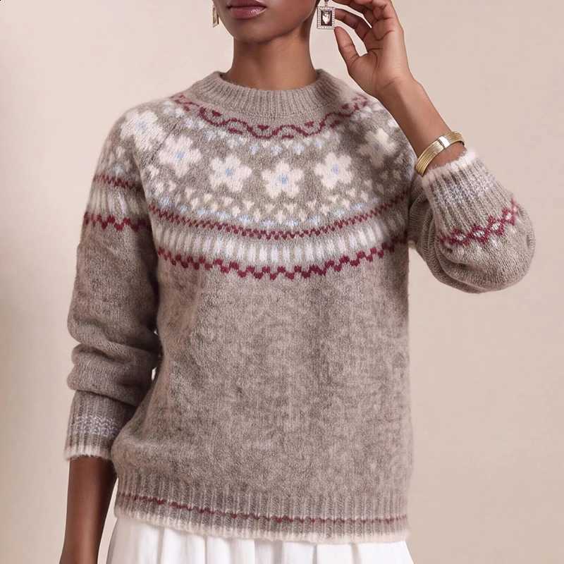 Round Neck Long Fashion Sleeve Vintage Loose Top Pullover Women Floral Print Knitted Sweater Autumn Winter Casual Knitted Jumper J260916