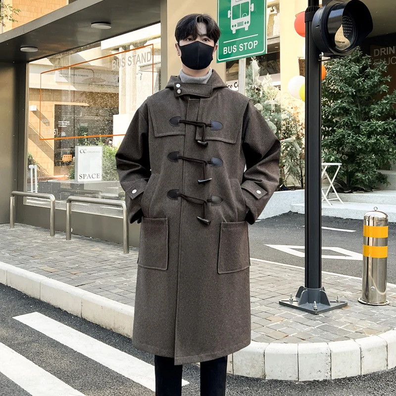 Korean-style Woolen Trench Men Horn Button Casual Long Windbreaker Winter Hooded Jacket Coats Fashion Trenchcoat 260916