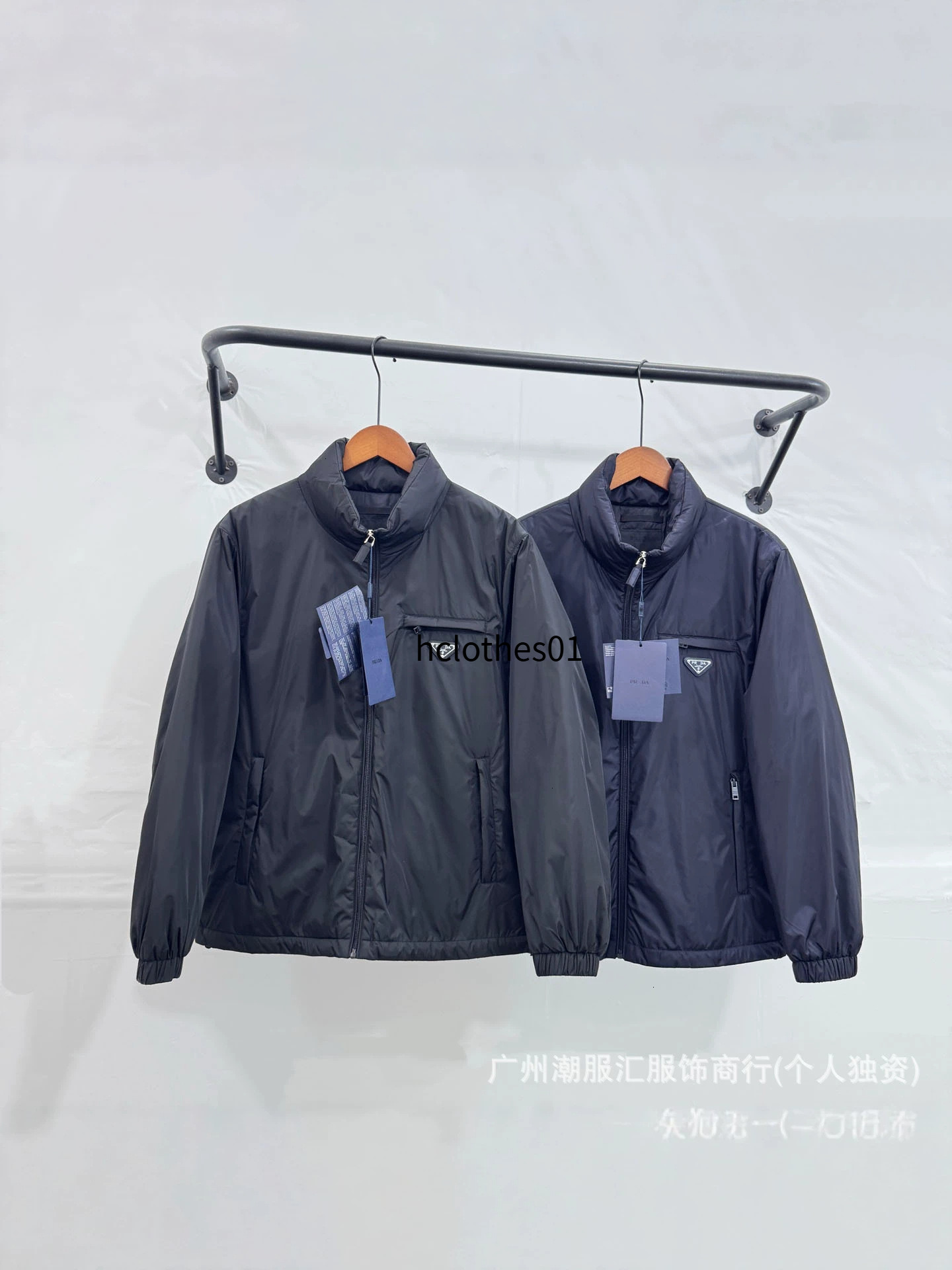 Light luxury P brand men's stand-up collar down jacket with triangular logo, nylon fabric, zipper pockets, casual and warm