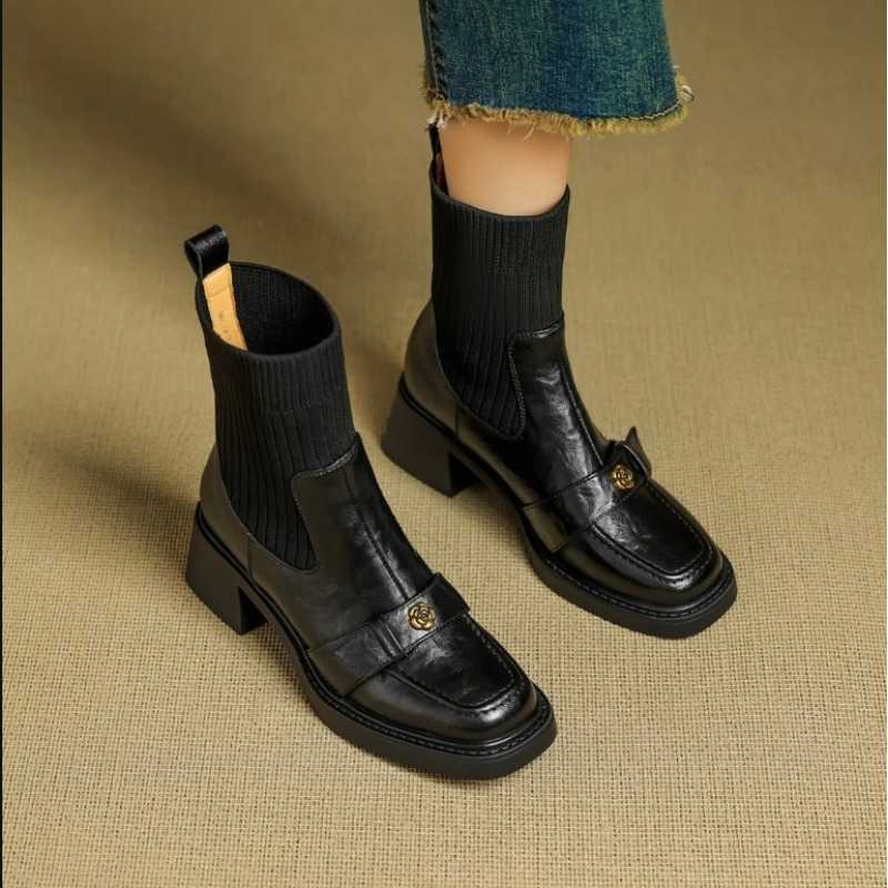Women Elastic Sock Boots Female Autumn Winter 2026 New Square Toe Short Boot Slip-On fa1 Ankle Boots Botas De Mujer D260917