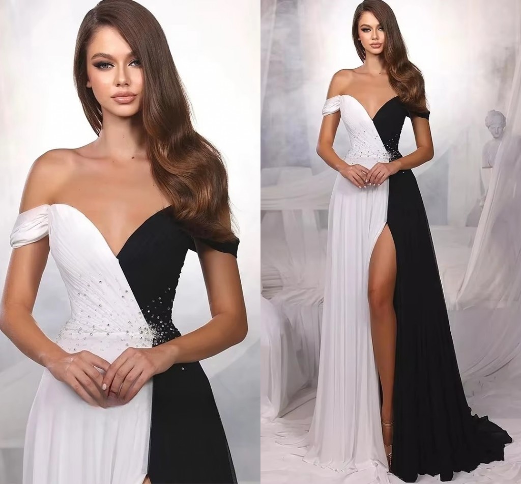 Luxury Black/White Evening Formal Dresses Off the Shoulder Beads Lace Up Silt Long Chiffon Prom Pageant Party Dresses Birthday Vestidos De Fiesta Ga