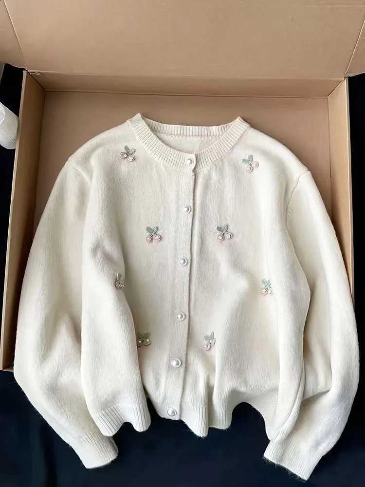 Women's autumn and winter cherry embroidery pearl round neck open collar long sleeved knitted temperament versatile fashion top X260916