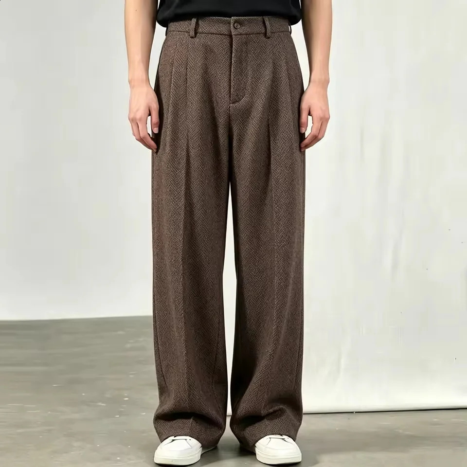 High Quality Herringbone Woolen Pants for Men Vintage Waist Double Pleated Casual Trousers Loose Fit For Daily Streetwear 260917
