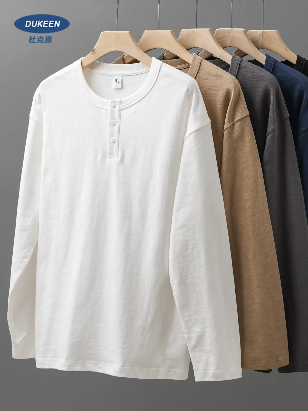 Dukeen 320G Heavyweight 100% Cotton Henley Neck T Shirt for Men LongSleeved Spring Autumn Casual Tops Solid Color Undershirts 260915
