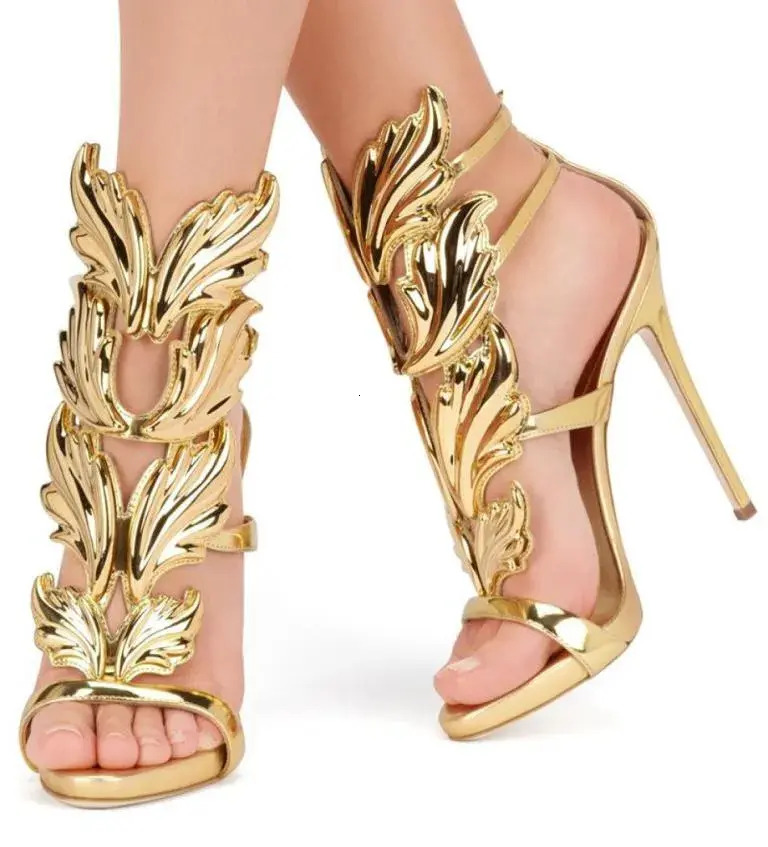 Women Formal Shoes New Golden Metal Wings Leaf Strappy Dress Sandal Silver Gold Red High Heels Shoes Women office Metallic Winged Sandals Ladies Dre