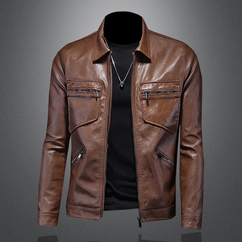 2024 Autumn and Winter Men's Fashion Handsome Trend Business Leisure Lapel Motorcycle Leather Coat Slim Stylish Man M4XL 260917