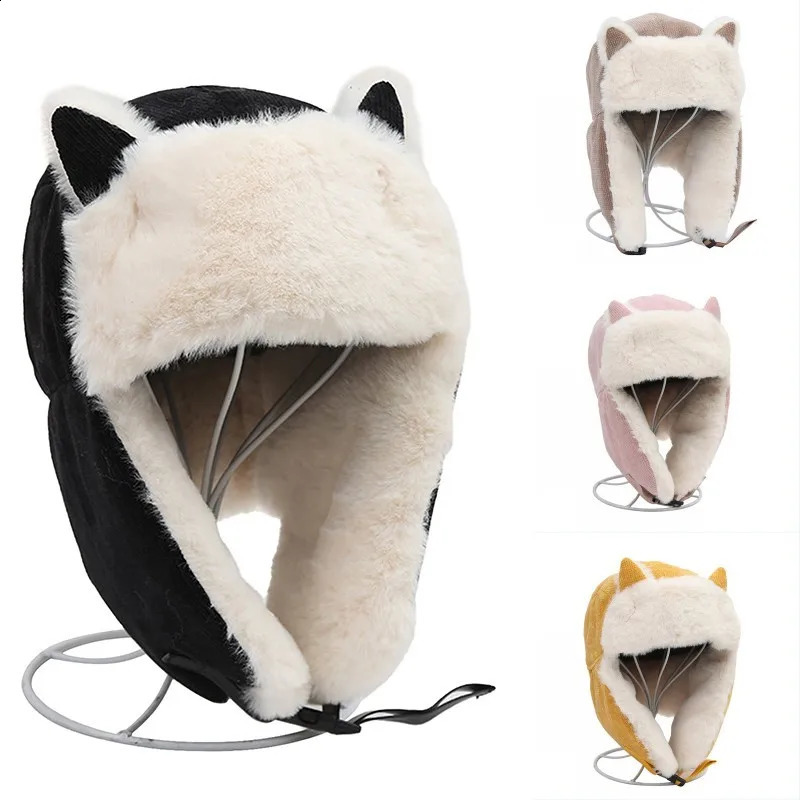 Women's Warm Trapper Trooper Winter Cap with Cat Ears Unisex Thickened Flaps Bomber Style Ski Faux Fur Hat260915