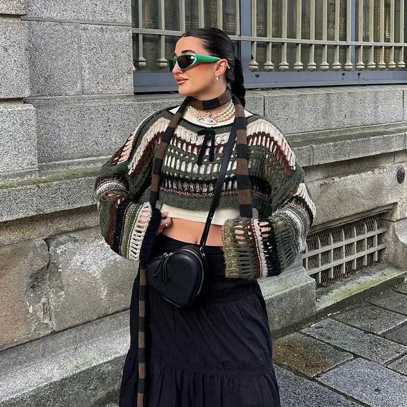 Y2k Harajuku Striped Women Hollow Tops Early Autumn Vintage Loose Long Sleeve Short Knit Sweater Streewear Fashion Pullover New J260916