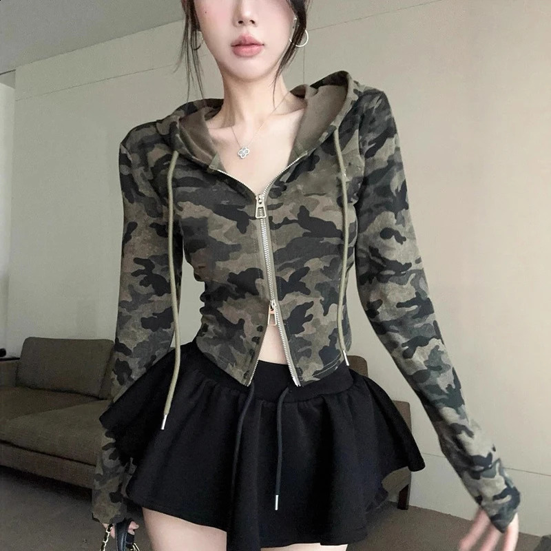 SXH Women's Camouflage Hooded Crop Top Short Jacket V Neck Zip Up Long Sleeve Slim Fit Waist Tummy Control Streetwear 260917