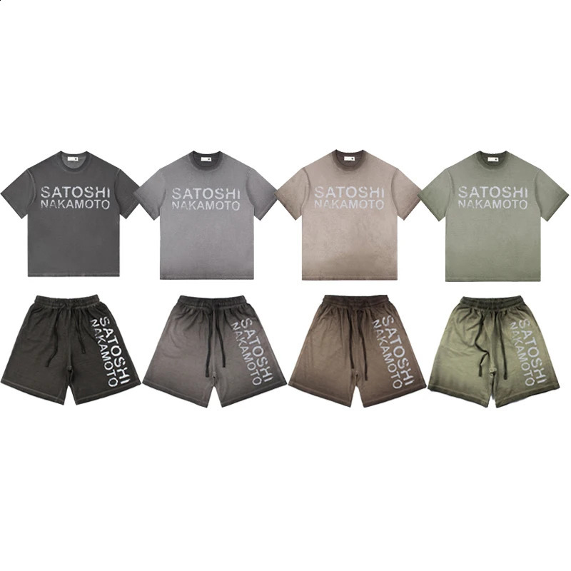 High Street Satoshi Nakamoto T Shirt Classic Retro Letter Wash Distressed Print Shorts Men Women Same Style Shirts Short pants 260917