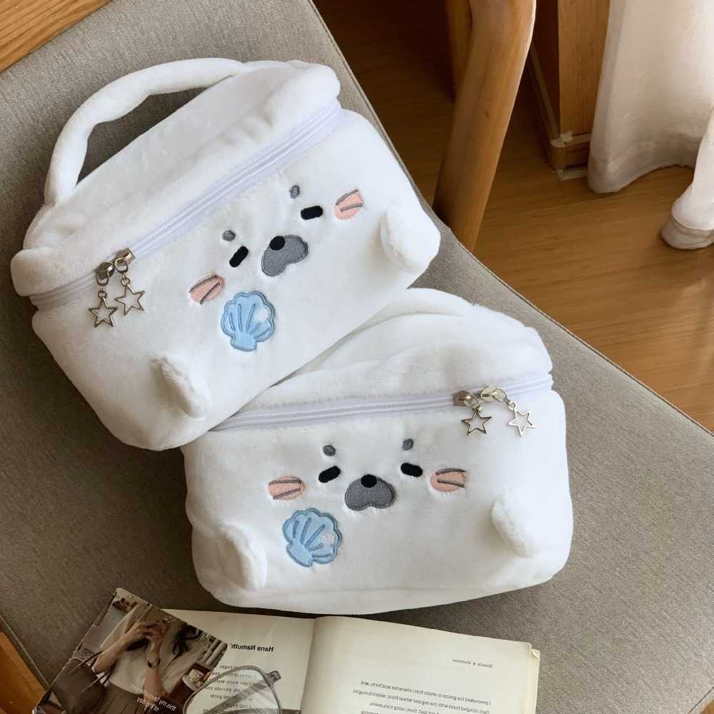 Seal Fluffy Little Makeup Bag Handheld Large Capacity Cosmetic Bag Embroidery Pattern Portable Travel Toiletry Bag MultipurposeT260917