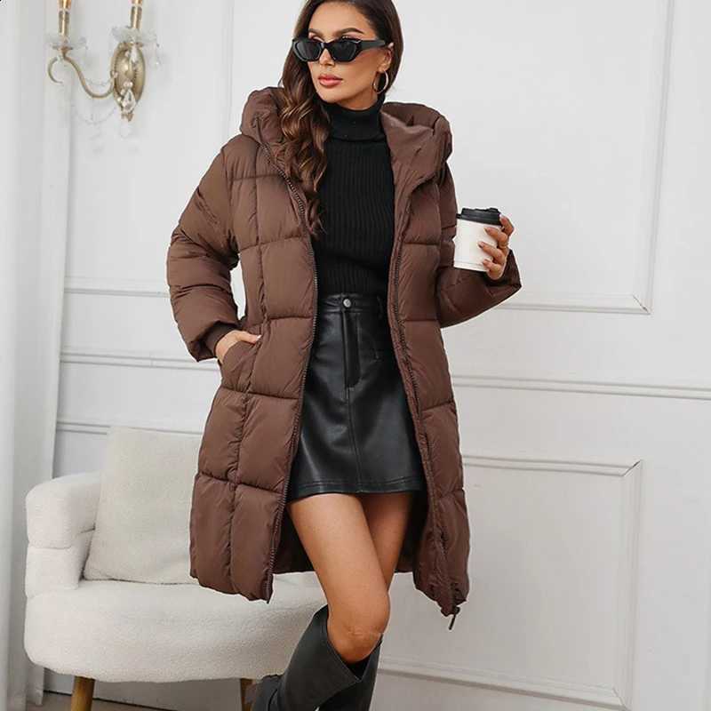 Fashion Puff Knee Length Parkas Women Winter Warm Hooded Long Down Cotton Jacket Woman 2025 Zipper Up Long Sleeve Parkas Ladies H260917