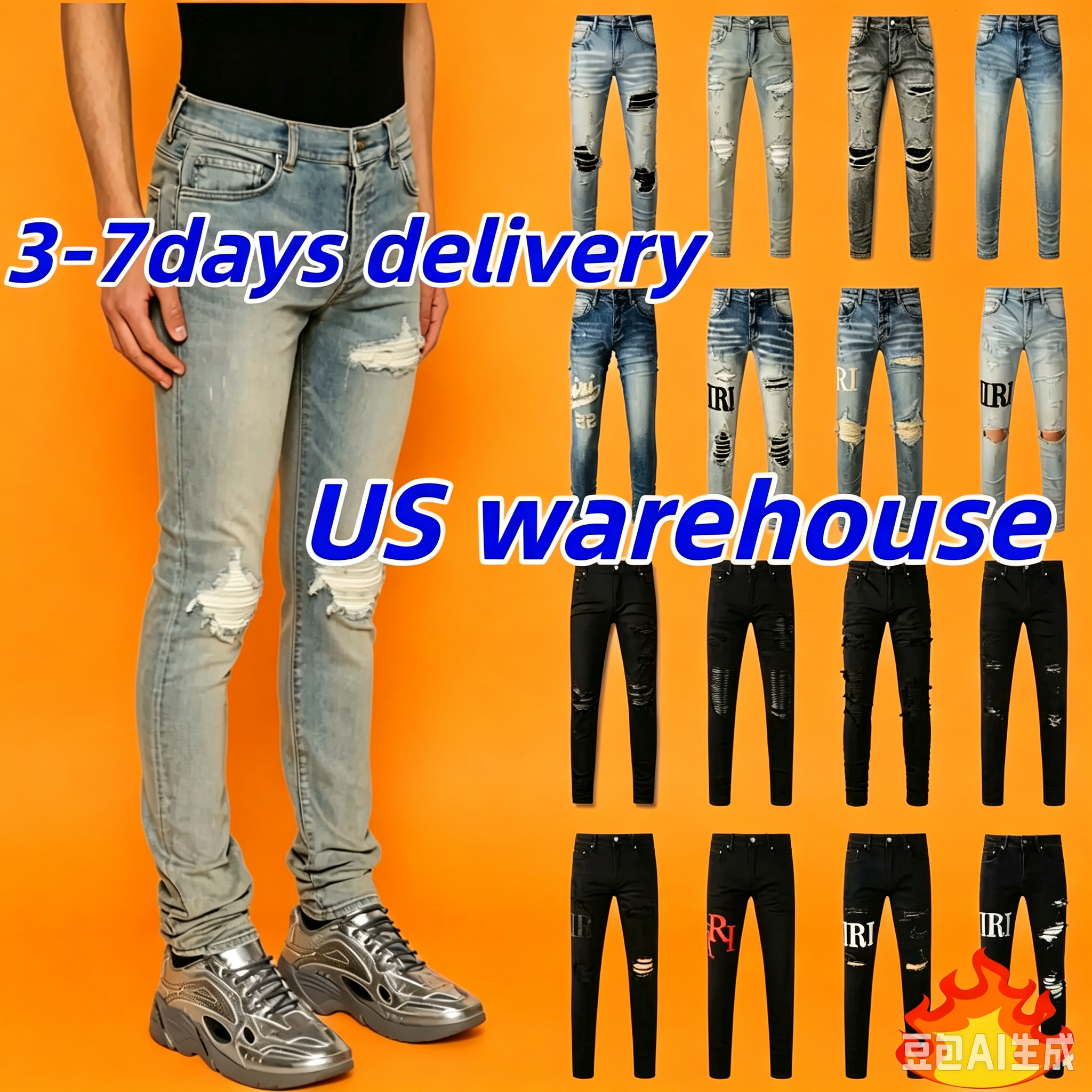 designer jeans unisex handmade distressed ripped denim high quality cotton stretch skinny slim streetwear trousers for men women A