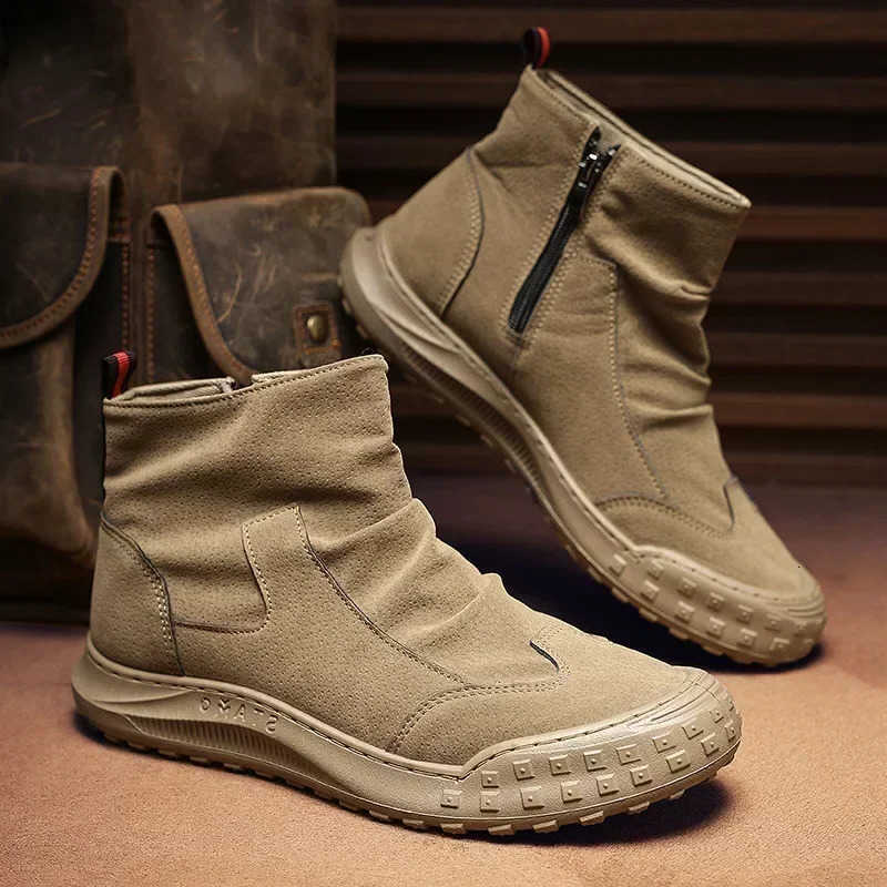 Men's Boots High Cut Workwear Shoes Autumn New Zipper Pleated Non Slip Comfort Thick Soled Wear-resistant fa1 Flat Boots D260917