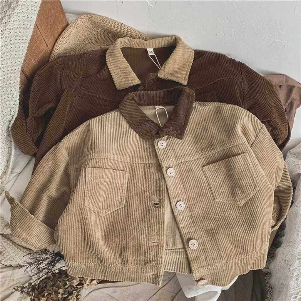 Style WT22435 Korean Children's Color Block Corduroy Collar Jacket Unisex Baby Loose Coat Autumn Top for KidsT260916