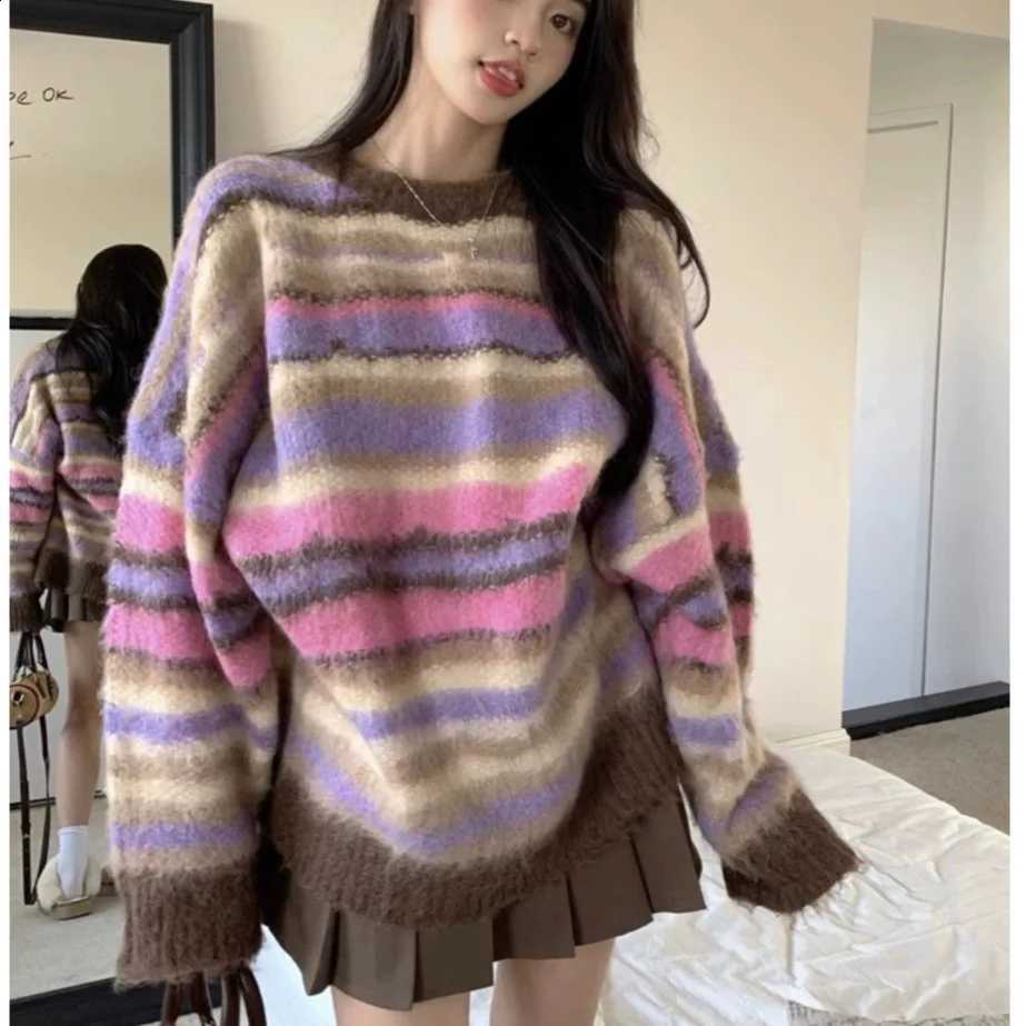 Rainbow Striped Sweater 2025 Women Autumn Winter Thick Knitted Top J260916
