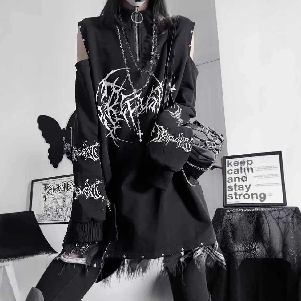 TwoDimensional Dark Print Subculture Punk LongSleeved Loose Bf Style OffShoulder Sweatshirt with Zipper n for Spring 260917