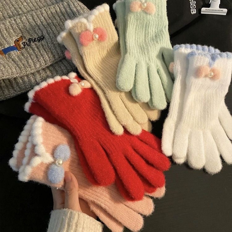 Cute Bowknot Knitted for Women 2026 New Autumn Winter Touchscreen-Compatible Student Cycling Warm Cold-Proof Five-Finger Gloves