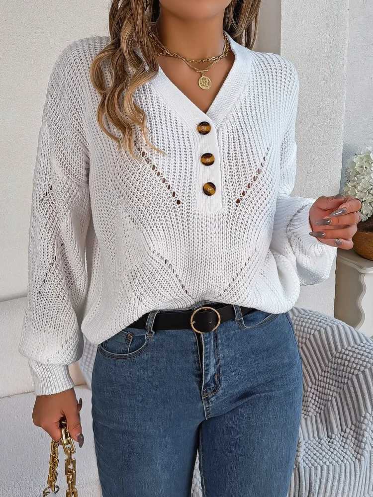 Loose Casual Hollow V-Neck Sweater Women Solid Color Long-Sleeved Pullover Sweaters Fashion Comfort Button Decor Knitwear Tops S260917XTUK