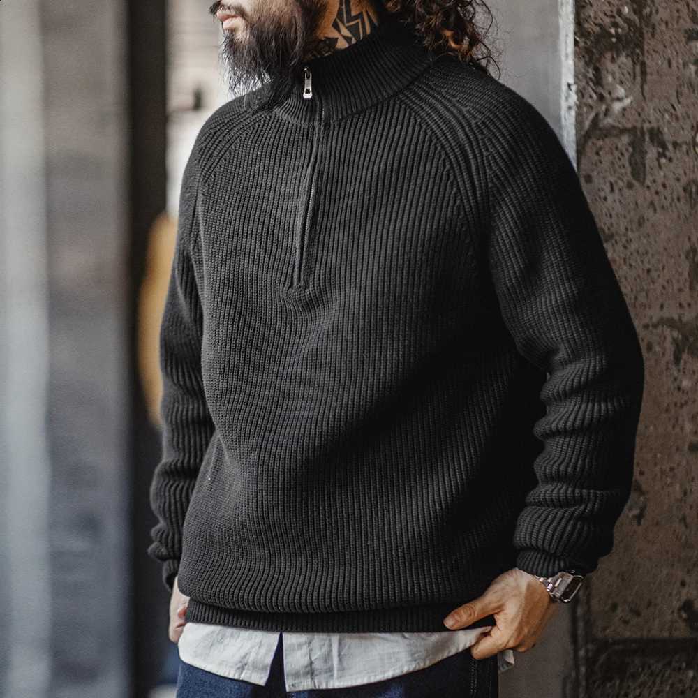 Collar Maden Stand Vintage Half-Zip Knitted Sweater Solid Color Warm Pullover for Men's Autumn and Winter Versatile KnitwearW260915
