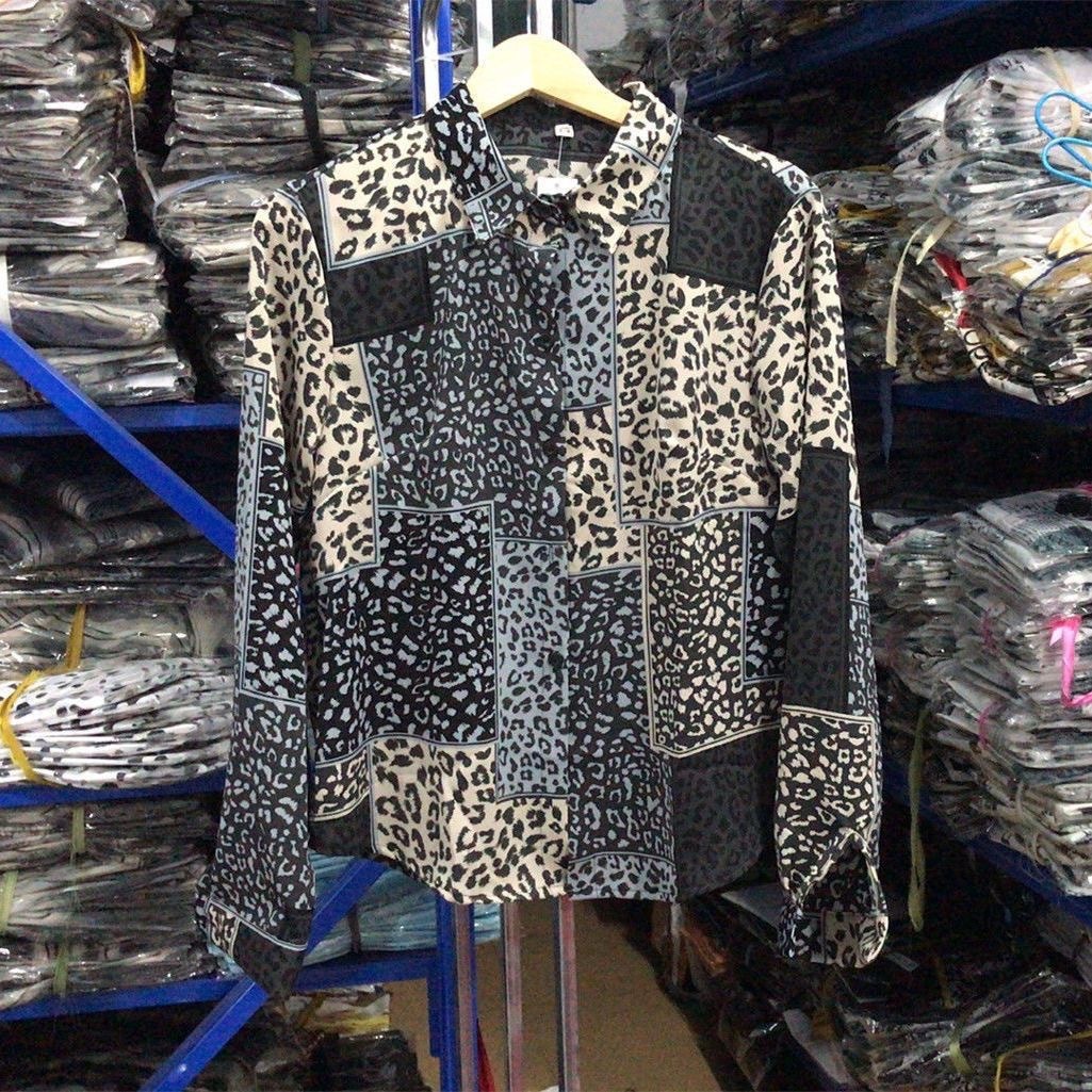 Cross-Border European and American Style Puzzle Printed Fabric Fashion Shirt Women Spring Long Sleeve Wholesale 50