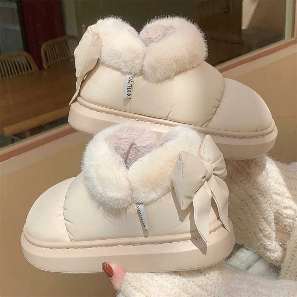 Boots Cute Warm Winter Ankle Women's Bow Warmth Plush Bow Cotton Shoes 2024 New Waterproof Down Cloth Short Barrel Snow Boots D260917