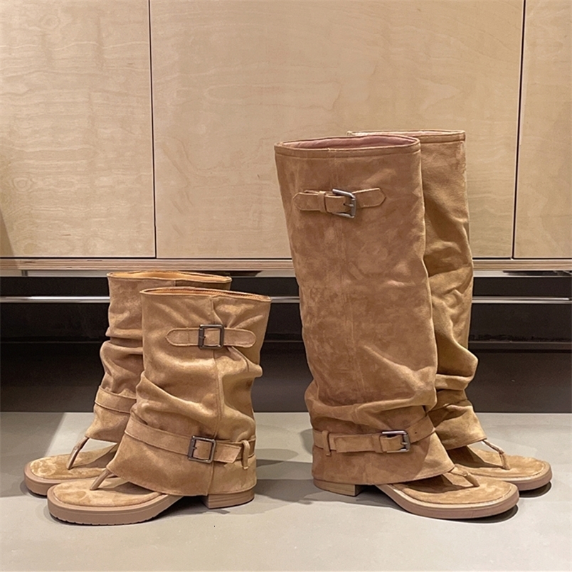 Summer Casual Women Suede Buckle Strap Open Toe Knee High or Mid Calf Gladiator Thong Sandals Boots Bottine Shoes for Ladies 260917