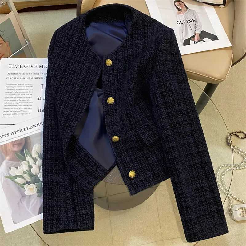 Navy-blue Tweed Korean Short Jacket Women's Woolen Coat Spring Autumn O-neck Slim Casual Blazer Tops Streetwear Lady Outerwear C260917