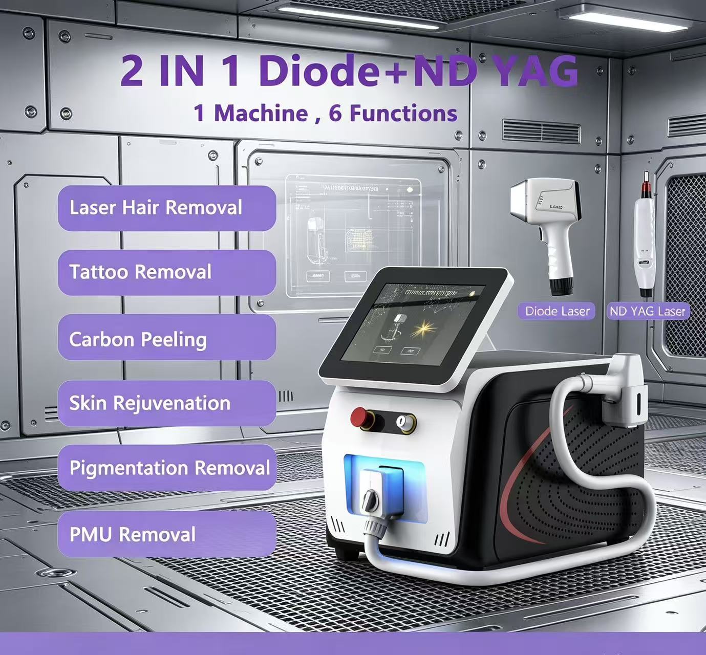 Professional Desktop Diode & Nd:YAG 2-in-1 Laser Hair Removal Tattoo Removal Equipment