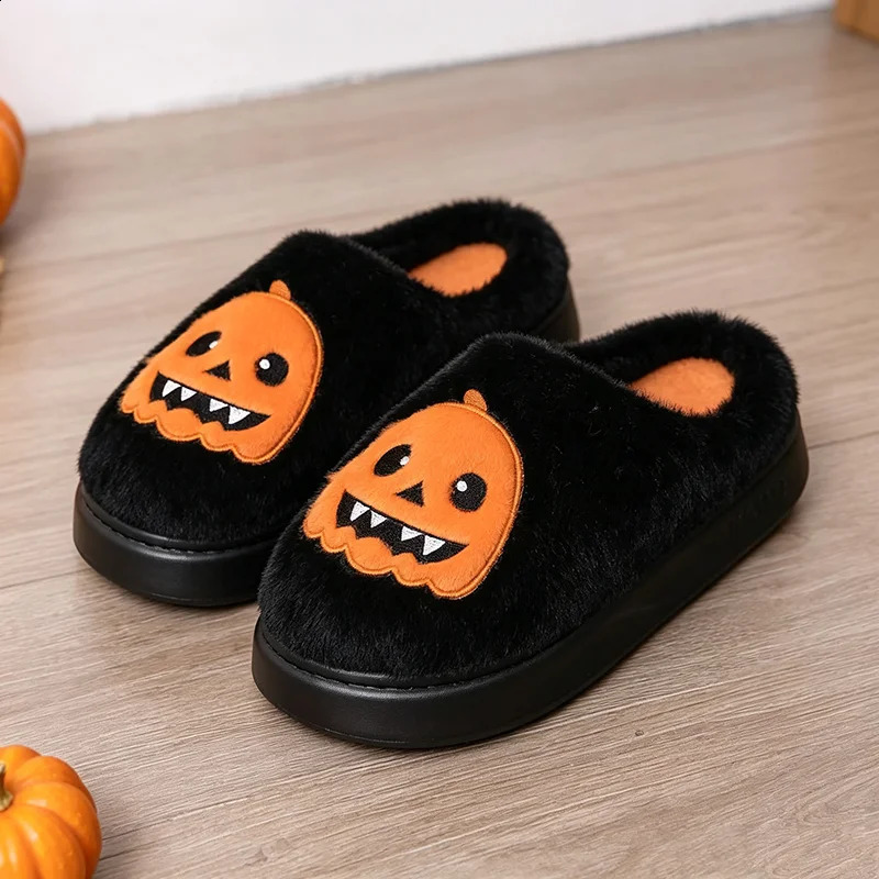 Halloween Pumpkin Fluffy Slippers Women Cute Ghost Plush Winter Shoes Girls Holiday Indoor Fuzzy Fur Slides Unisex Party Gifts 260916