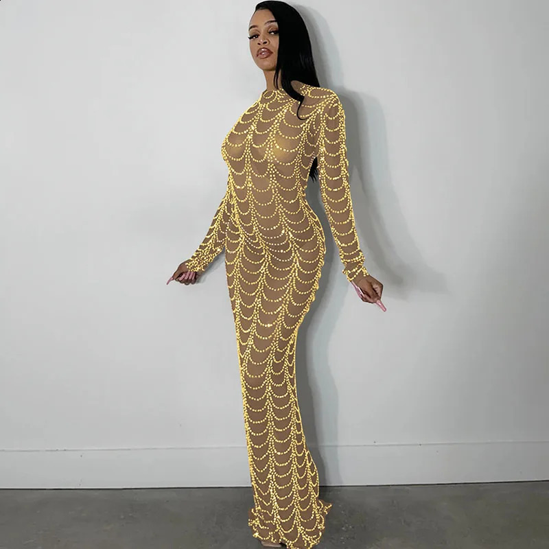 Sparkly Crystal Rhinestone Bodycon Maxi Dress Women Wedding Evening Long Sleeve Mesh See Through Night Party Club Birthday Dress 260917