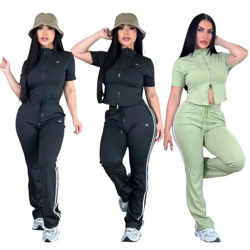 Sports brand Women's Tracksuits autumn new high elasticity slim fit sports set short top drawstring pants women's two-piece set Free Ship