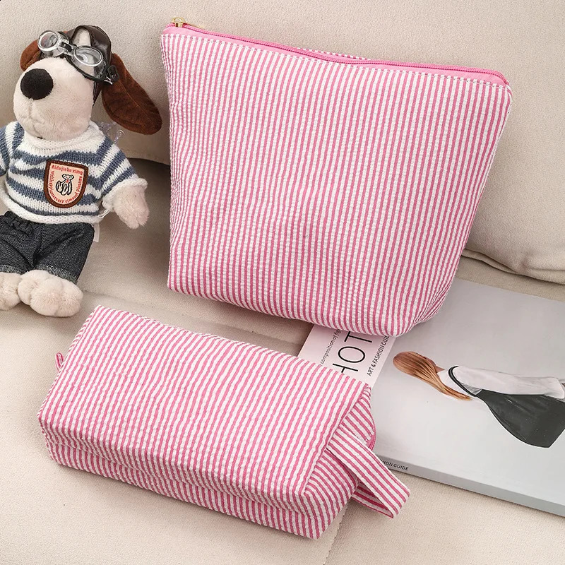 2 Pcs Set Women's Cosmetic Bags Large Capacity Ladies Stripe Toiletry Bag Makeup Case Travel Female Storage Handbag Clutch Purse 260916