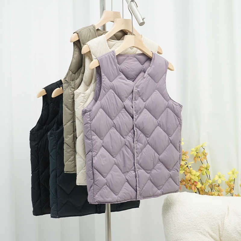 Duck White Women Down Ultralight Long Vest Sleeveless Jacket Argyle Autumn Winter 2023 New Chinese and Korean Fashion H260917