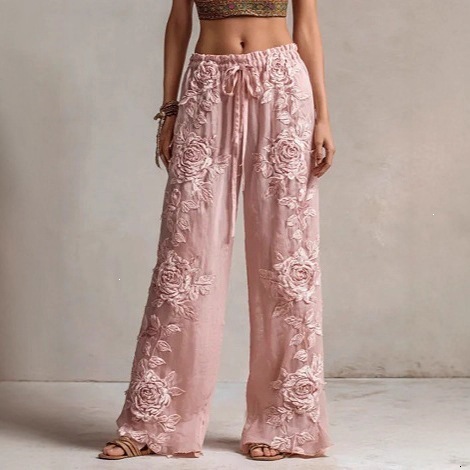 Independent website foreign trade cross-border new model 3D floral print elegant straight-leg women's trousers 2a