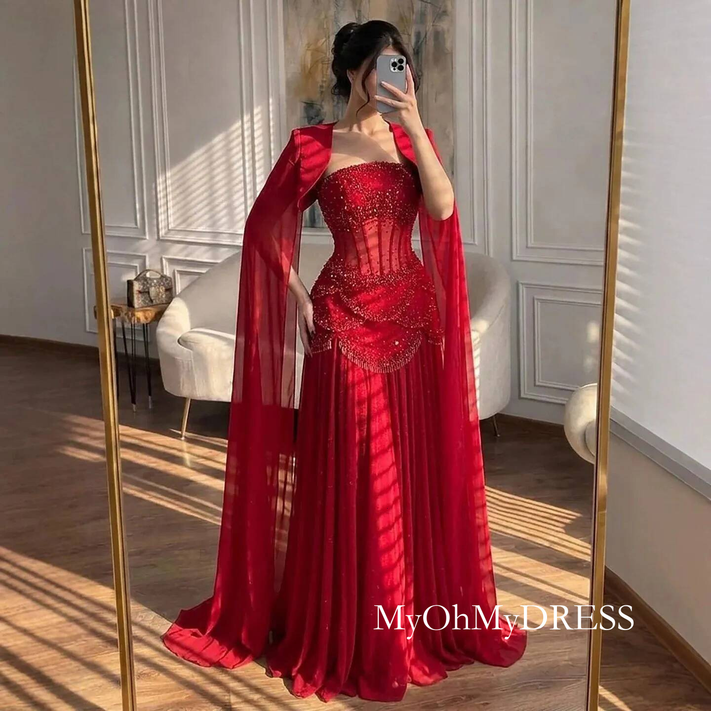 Luxury Pink Beading Strapless A Line Evening Dresses Chiffon Cape Sleeves For Formal Occasion Party Prom Gowns Robe De Soiree Customizable Youmaidre