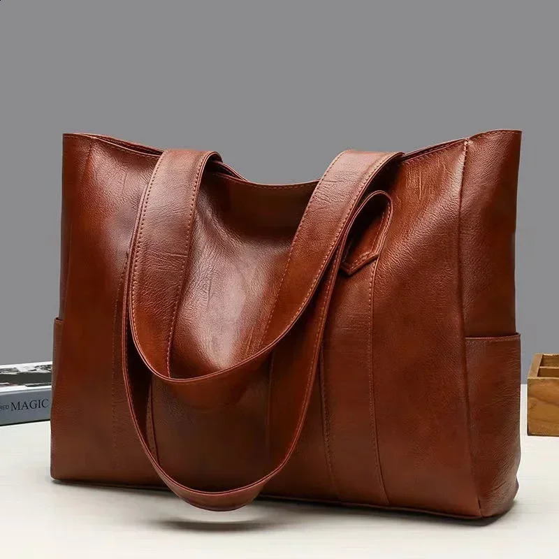 Female Big Soft Leather Satchel Bag Classic Solid Color Simple Casual Large Capacity Tote Single Shoulder Handbag 260916